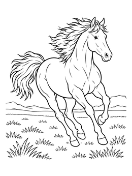A wild horse coloring page galloping freely through an open prairie meadow.