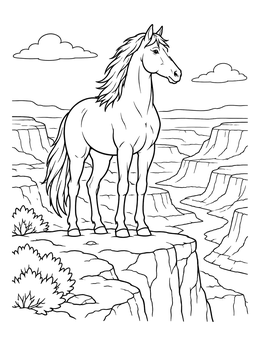 A proud mustang stands atop a rocky cliff in this wild horse coloring page.