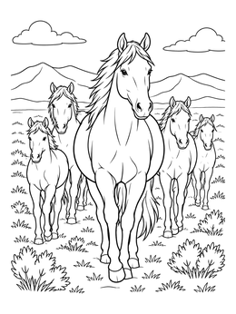 A band of wild horses walking across an open valley in this horse coloring page.