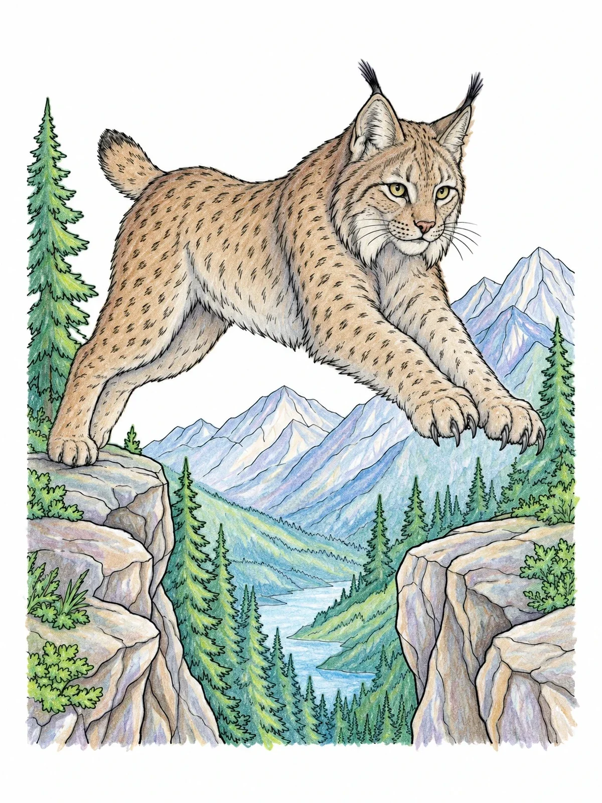 Colored example of the Wild Lynx Leaping Over Ravine coloring page