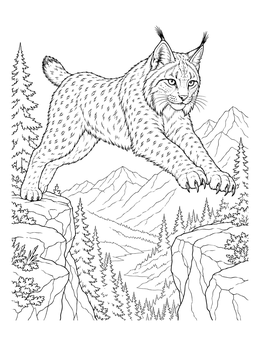 A detailed lynx coloring page depicting a wildcat jumping across a mountain gorge.