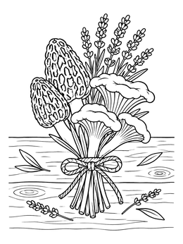 A rustic mushroom coloring page with morels, chanterelles, and lavender stems.
