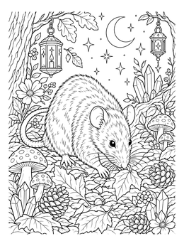 A detailed rat coloring page surrounded by leaves, mushrooms, pinecones, and hanging lanterns under a crescent moon.