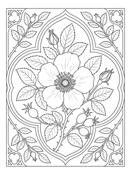 Free printable Wild Rose In Gothic Window Frame coloring page