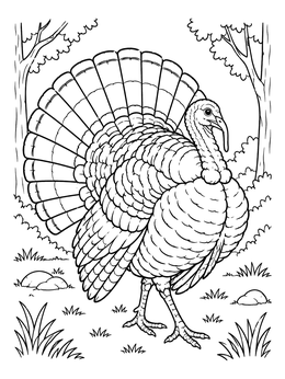 A detailed wild turkey coloring page showing a strutting tom bird with fanned feathers in a clearing.