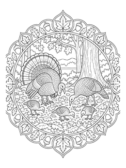 A wild turkey family foraging on this deciduous forest coloring page.