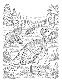 A wild turkey coloring page showing a flock roaming near a forest.