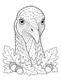 Detailed wild turkey coloring page with oak leaves and acorns.