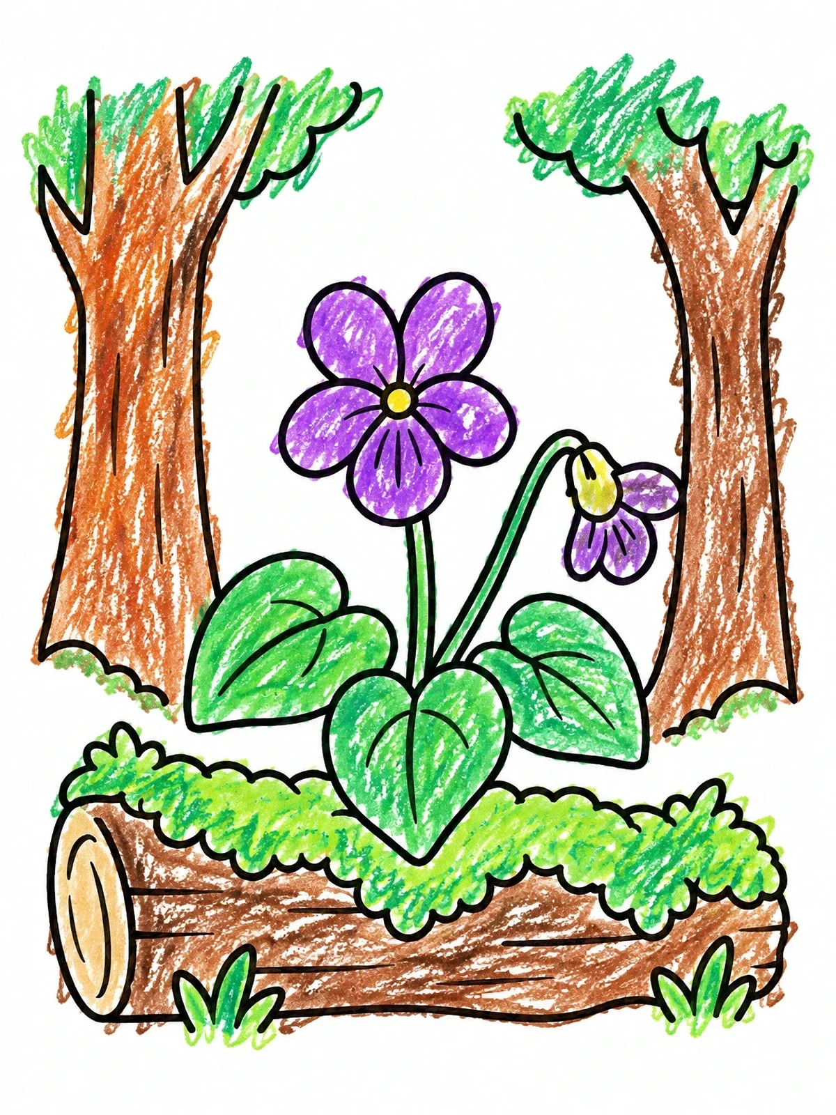 Colored example of the Wild Violet By A Forest Log coloring page