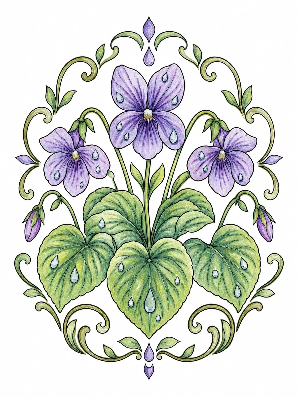 Colored example of the Wild Violets With Morning Dewdrops coloring page