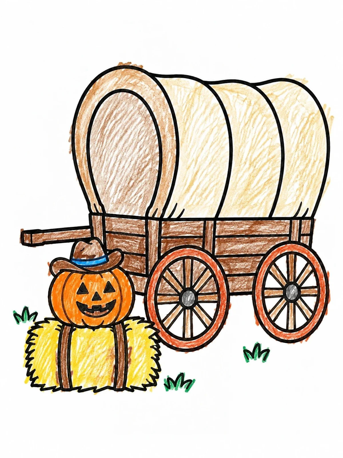 Colored example of the Covered Wagon With Cowboy Pumpkin coloring page