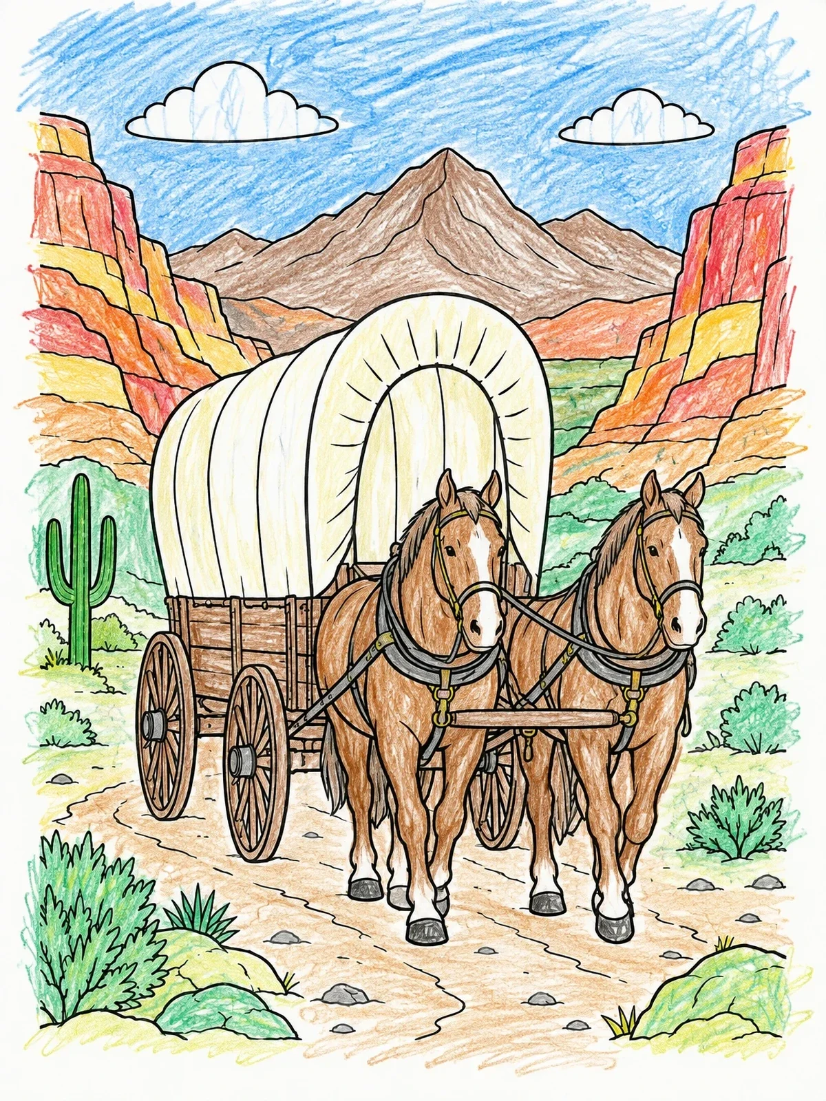 Colored example of the Covered Wagon With Two Horses In Desert Canyon coloring page
