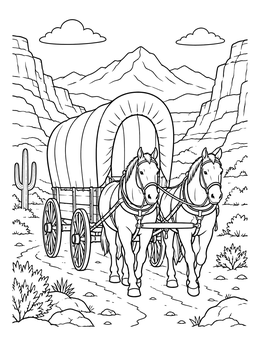 Free printable Covered Wagon With Two Horses In Desert Canyon coloring page