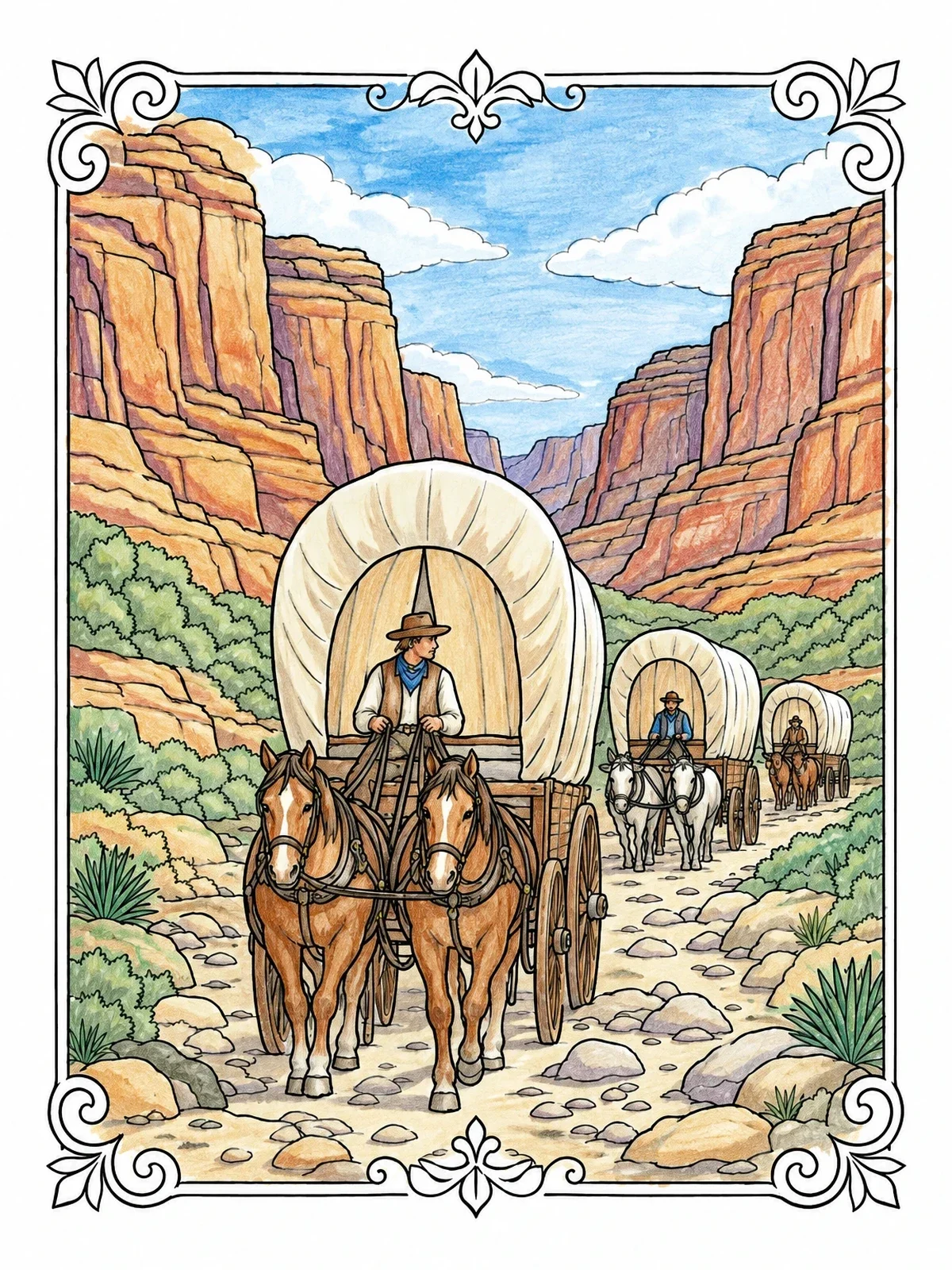 Colored example of the Covered Wagon Train In Canyon coloring page