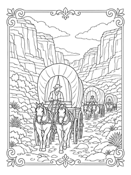 Free printable Covered Wagon Train In Canyon coloring page