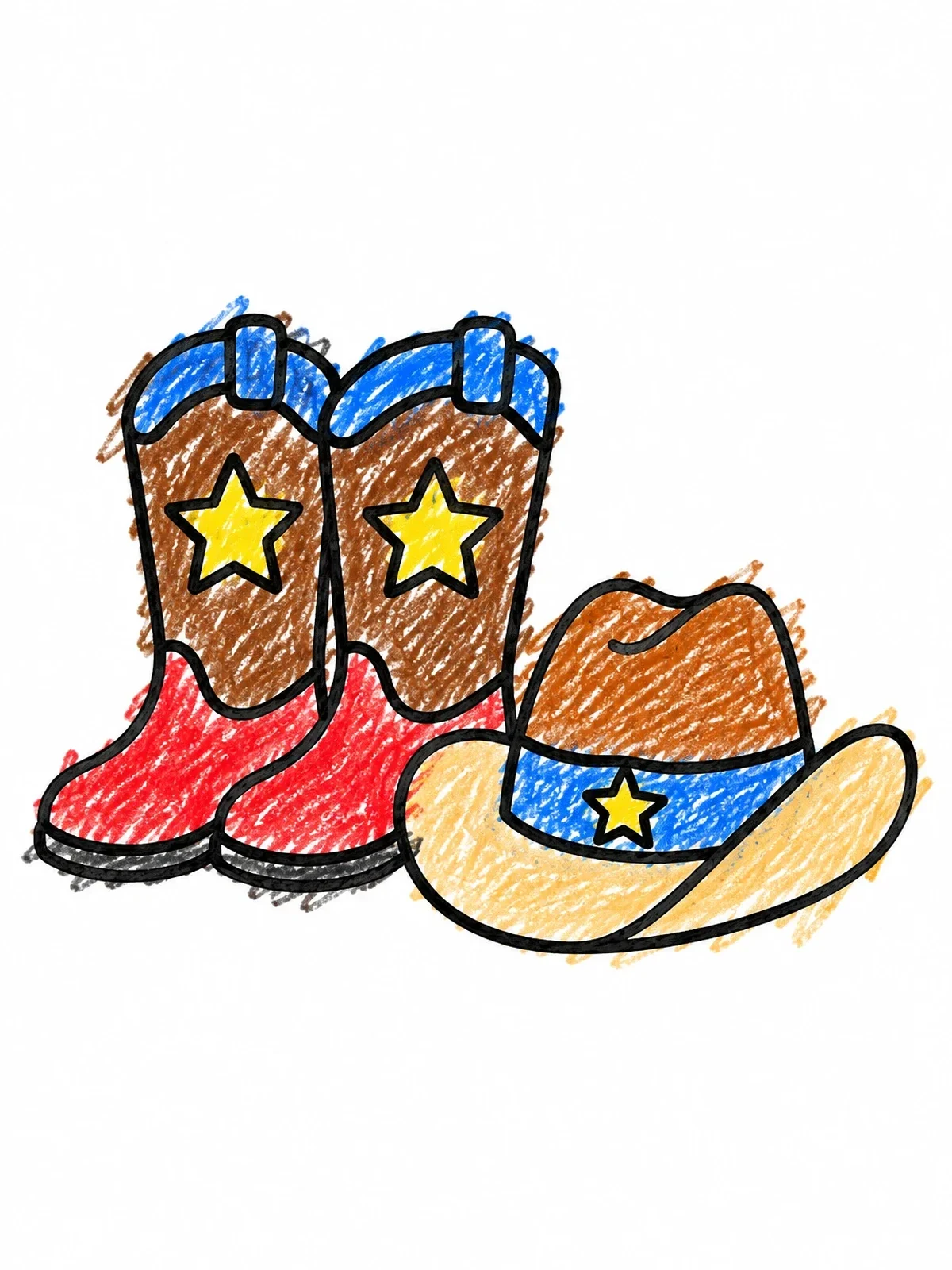 Colored example of the Cowboy Boots And Sheriff Hat coloring page