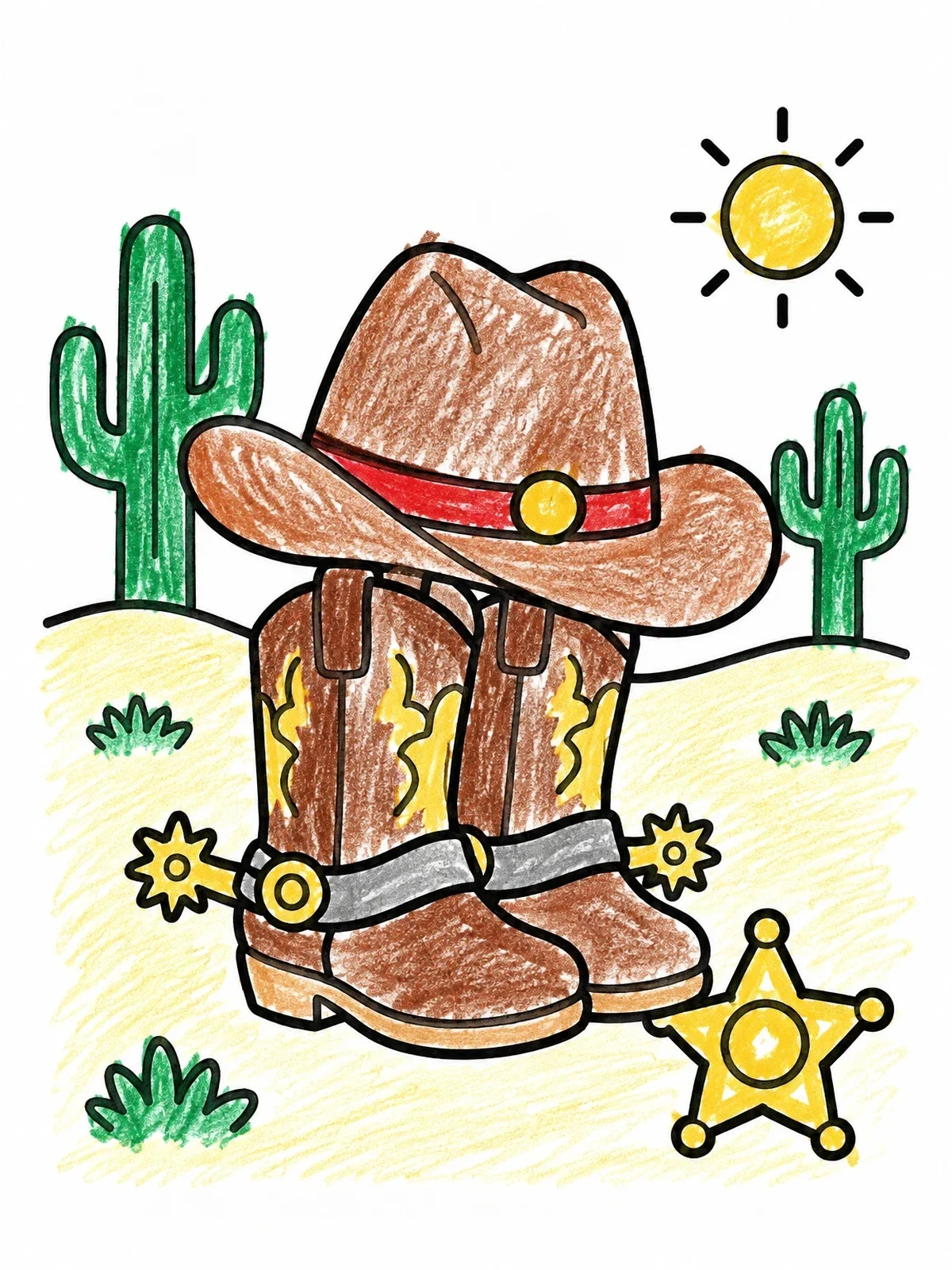 Colored example of the Cowboy Boots And Hat In The Desert coloring page