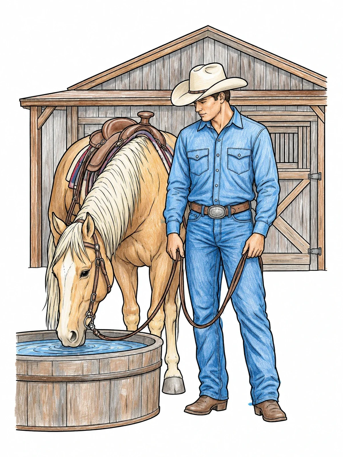 Colored example of the Cowboy With Thirsty Horse At Stable coloring page