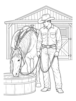 Free printable Cowboy With Thirsty Horse At Stable coloring page