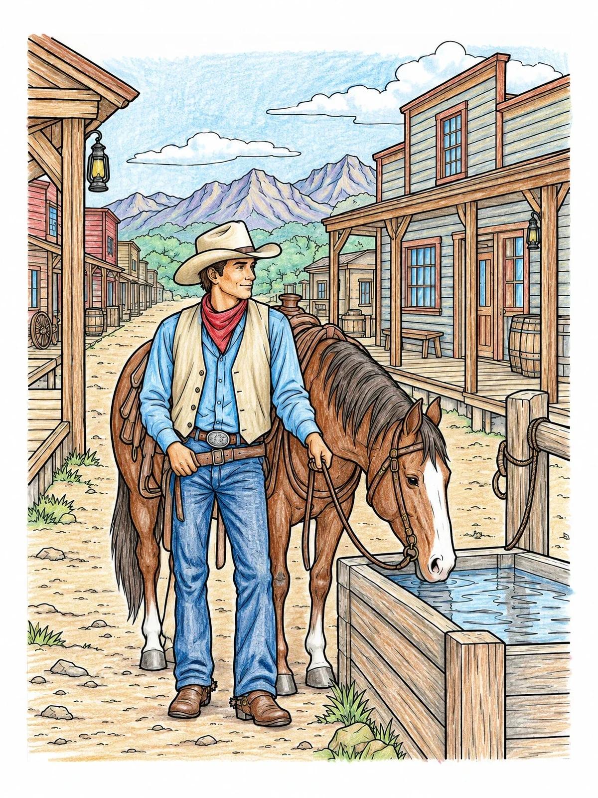 Colored example of the Cowboy And Horse At The Water Trough coloring page