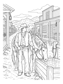 Free printable Cowboy And Horse At The Water Trough coloring page