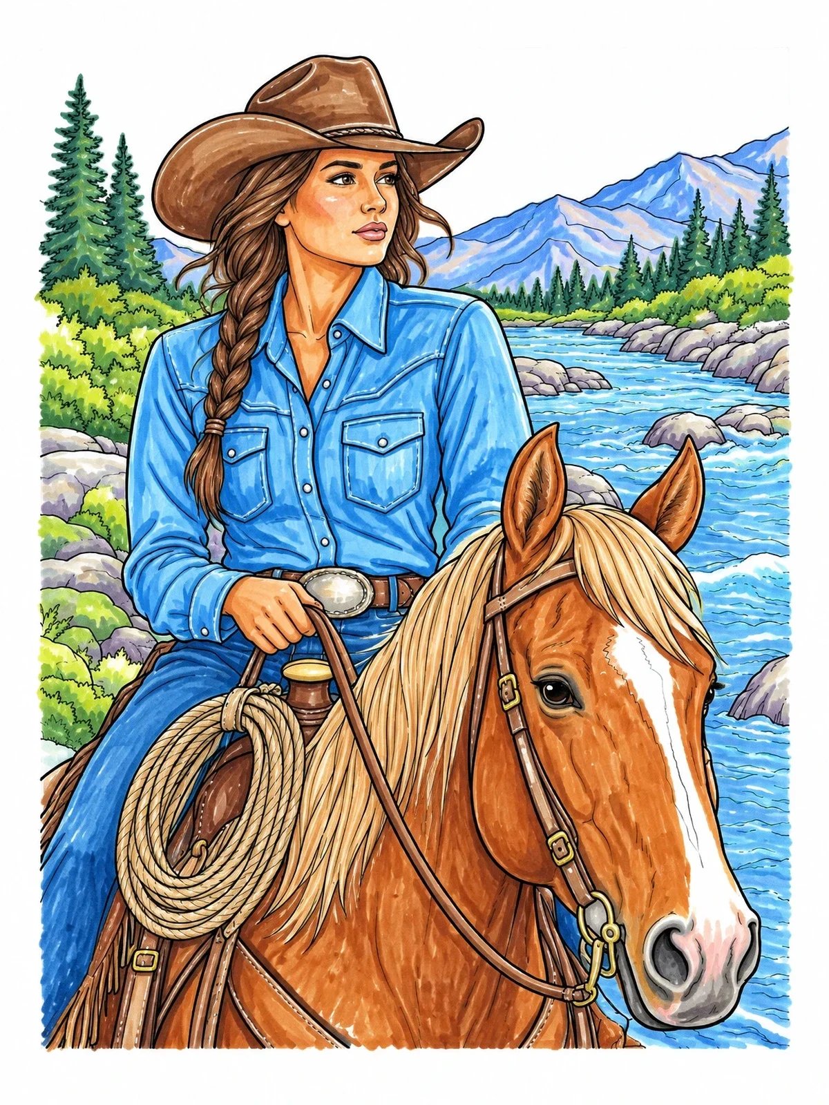 Colored example of the Cowgirl On Horseback By The River coloring page