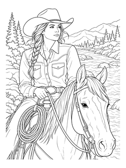 Free printable Cowgirl On Horseback By The River coloring page