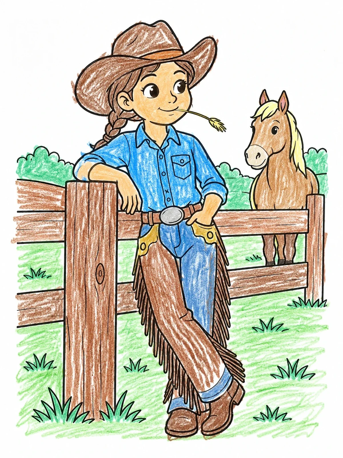 Colored example of the Cowgirl Leaning On A Wooden Fence coloring page