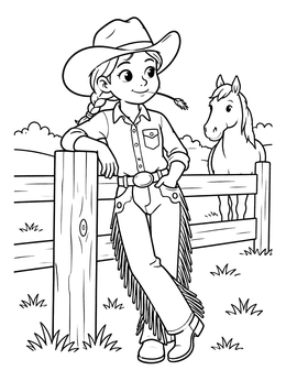 Free printable Cowgirl Leaning On A Wooden Fence coloring page