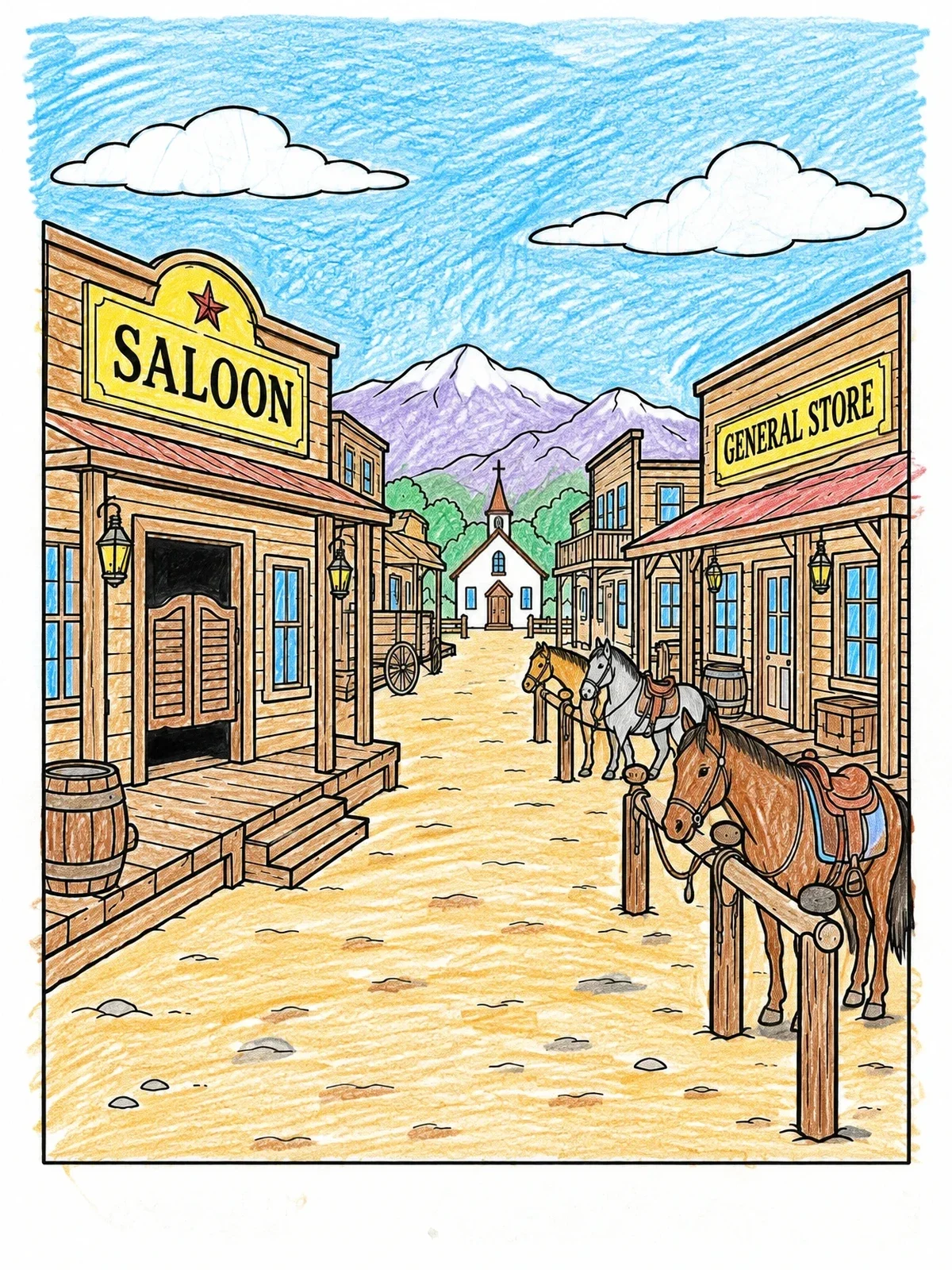 Colored example of the Wild West Frontier Town Street coloring page
