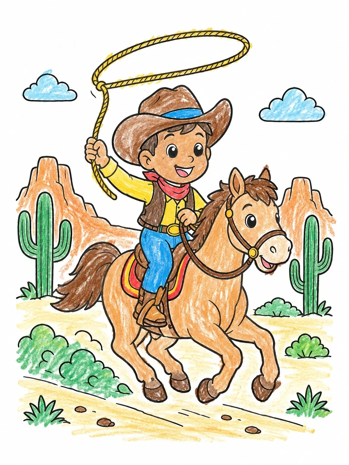 Colored example of the Little Cowboy Riding With Lasso coloring page