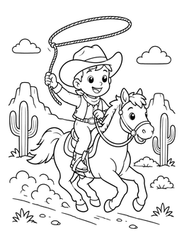 Free printable Little Cowboy Riding With Lasso coloring page