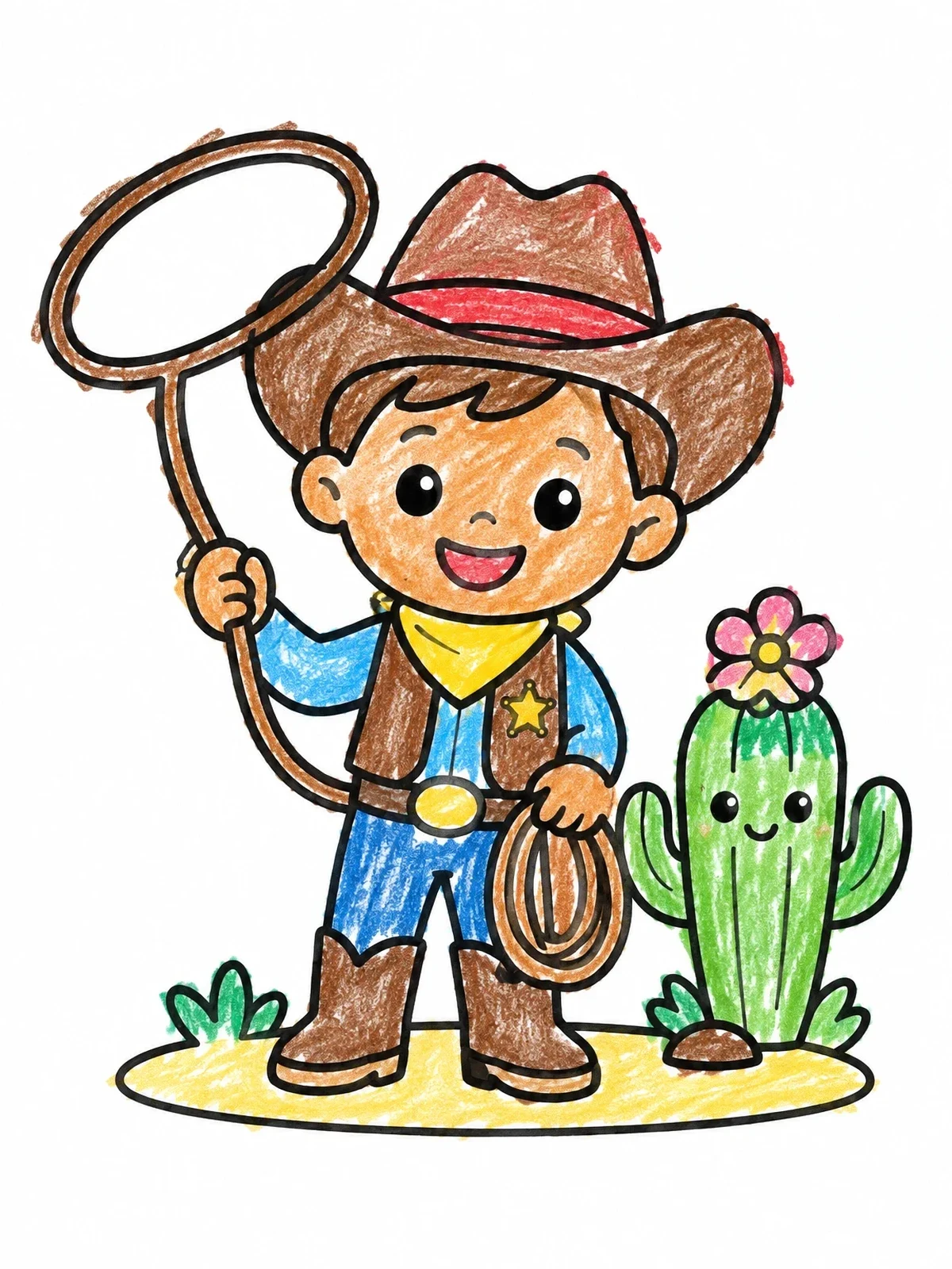 Colored example of the Little Sheriff With Lasso And Cactus coloring page