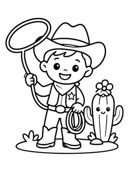Free printable Little Sheriff With Lasso And Cactus coloring page