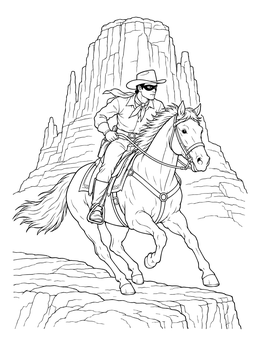 Free printable Masked Cowboy Riding Horse Near Butte coloring page