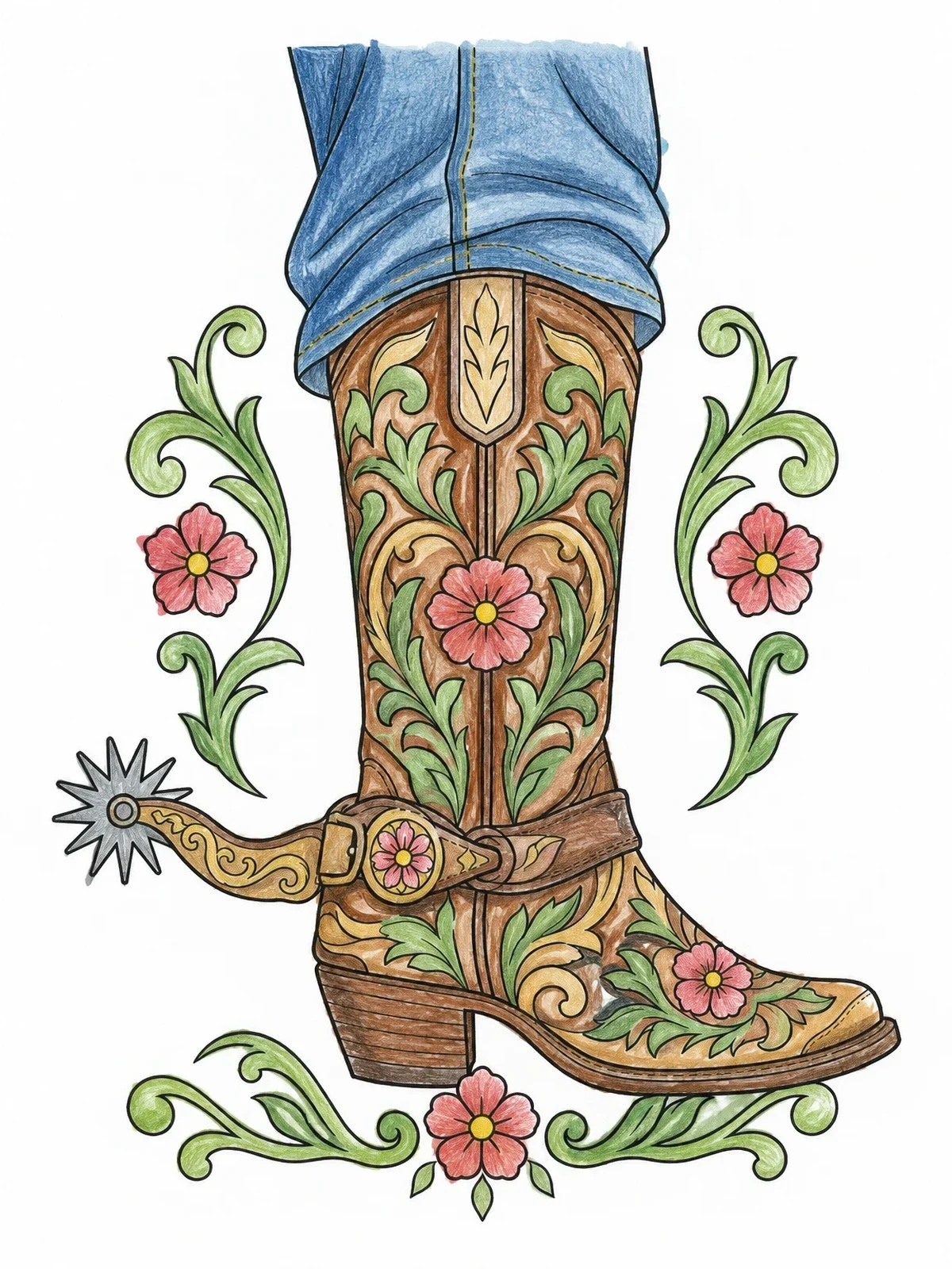 Colored example of the Ornate Cowboy Boot With Floral Tooling coloring page