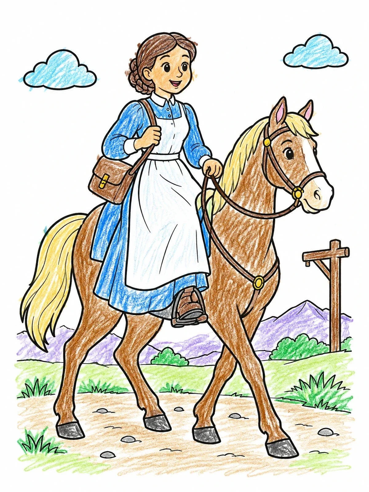 Colored example of the Young Pioneer Girl On Horseback coloring page