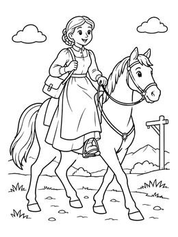 Free printable Young Pioneer Girl On Horseback coloring page