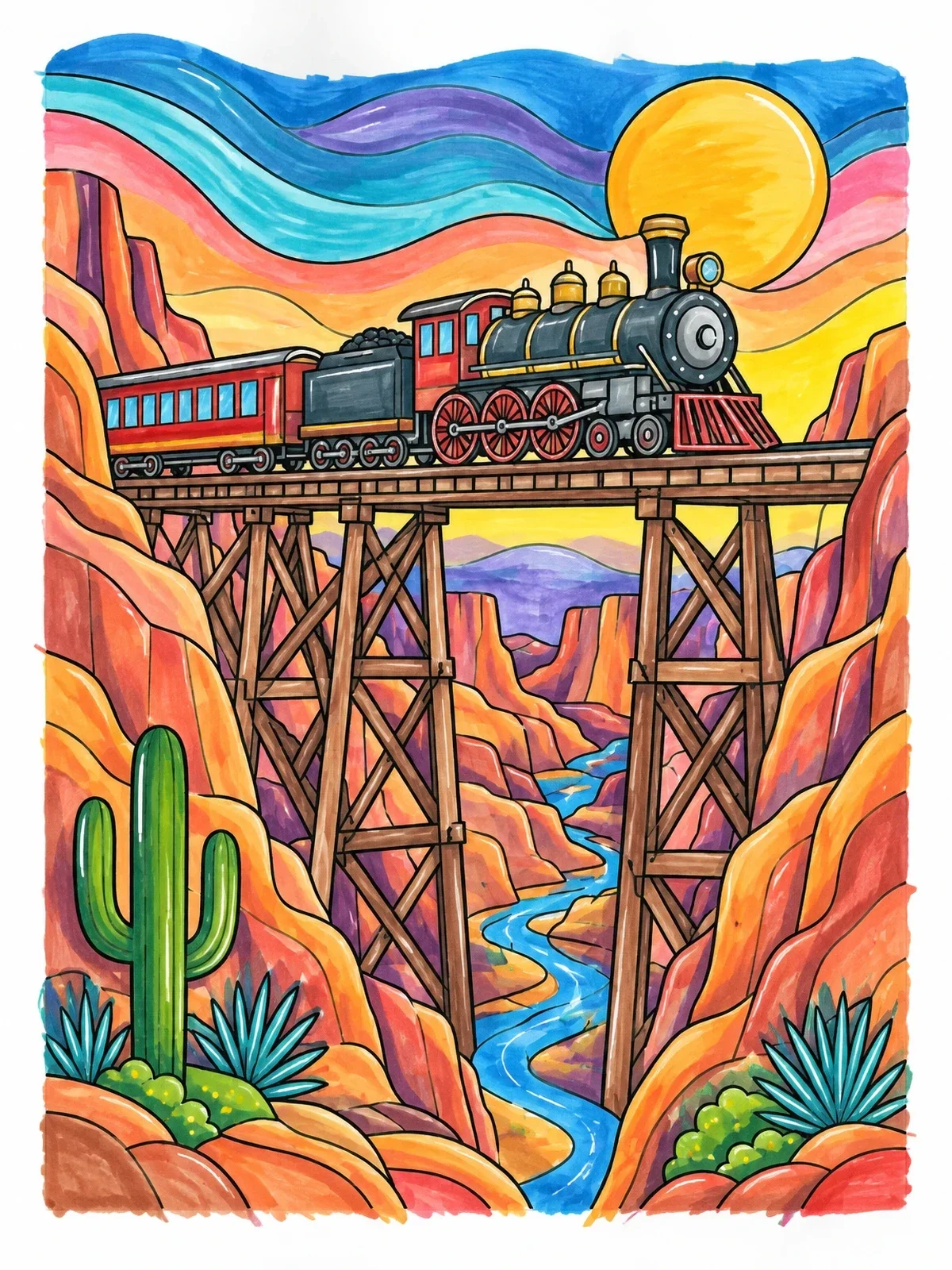 Colored example of the Steam Locomotive On Trestle Bridge coloring page