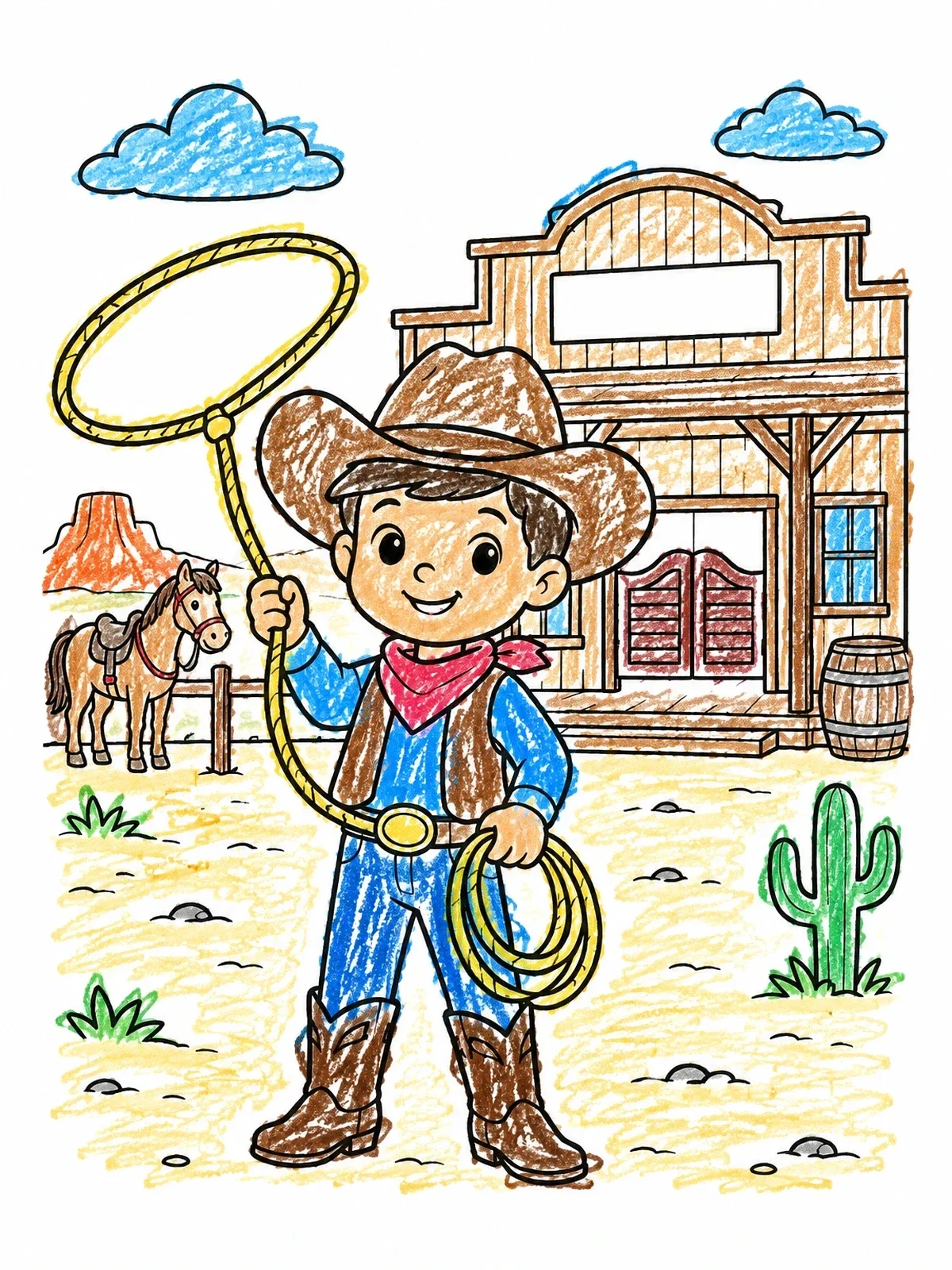 Colored example of the Young Cowboy With Lasso In Western Town coloring page