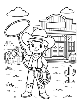 Free printable Young Cowboy With Lasso In Western Town coloring page