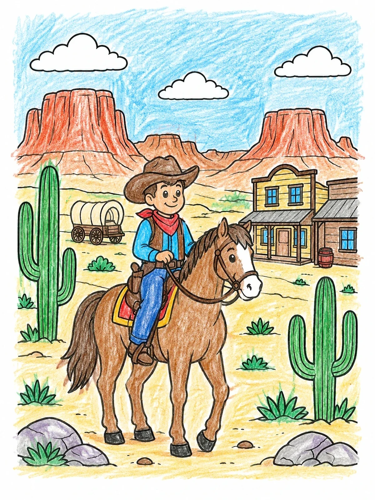 Colored example of the Young Cowboy Riding Through Desert Town coloring page