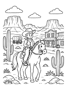 Free printable Young Cowboy Riding Through Desert Town coloring page