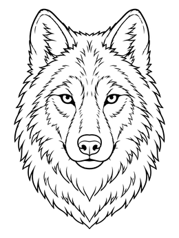A detailed wolf coloring page featuring a symmetrical portrait of a wild wolf head.
