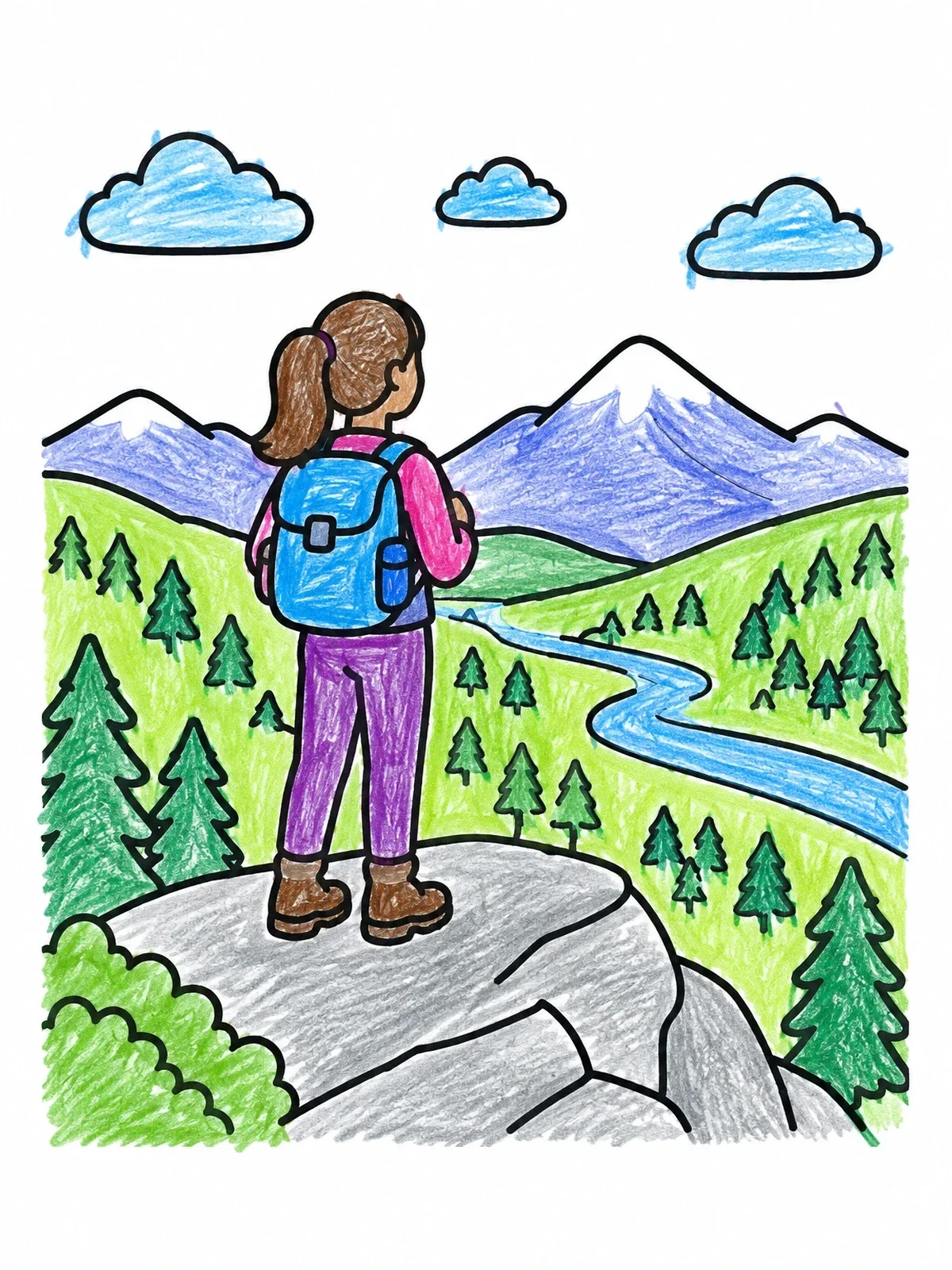 Colored example of the Backpacker Looking At Mountain Valley coloring page
