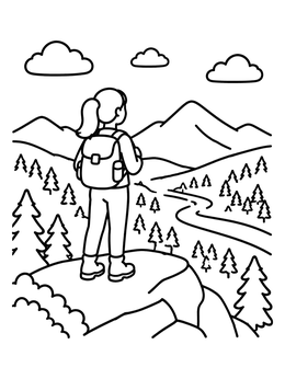 Free printable Backpacker Looking At Mountain Valley coloring page
