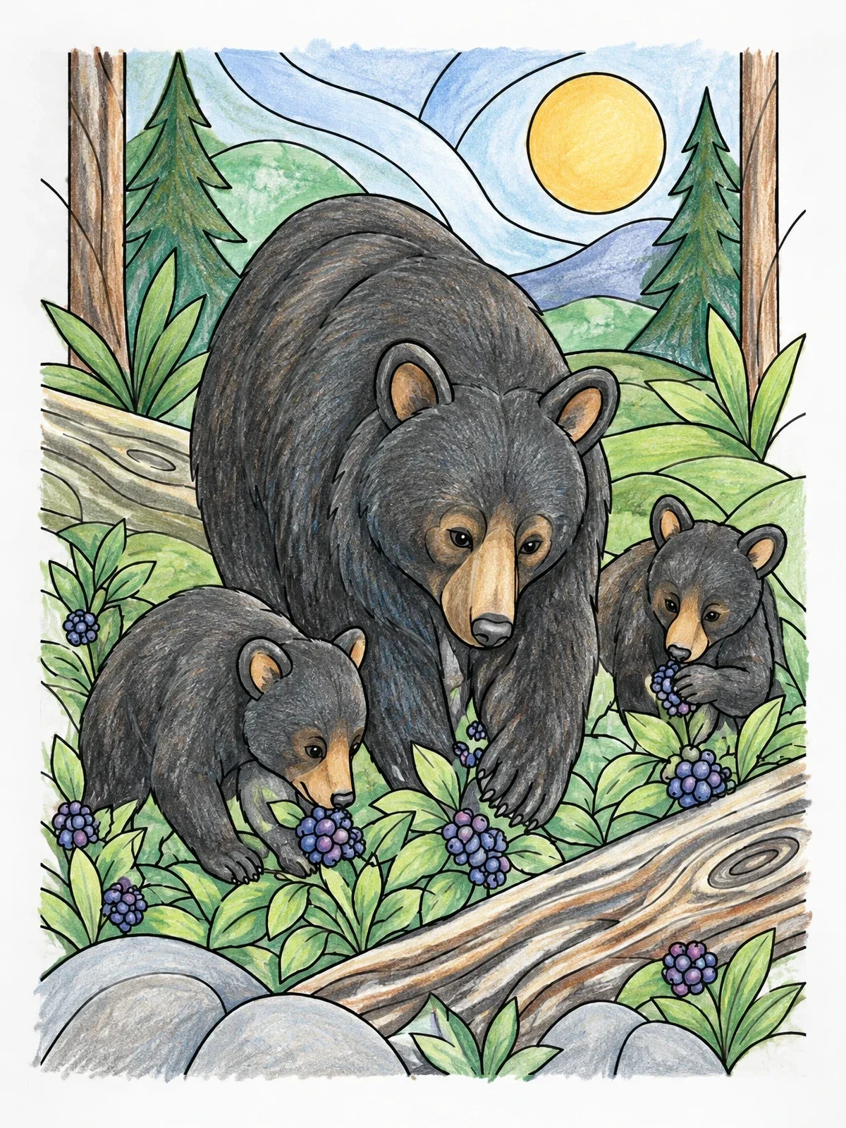 Colored example of the Bear Family Foraging In The Forest coloring page