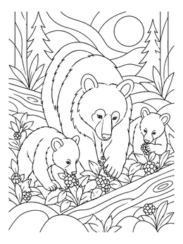 Free printable Bear Family Foraging In The Forest coloring page