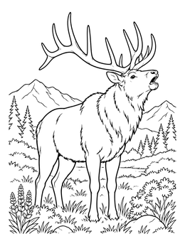 Free printable Bugling Bull Elk In Mountain Meadow coloring page