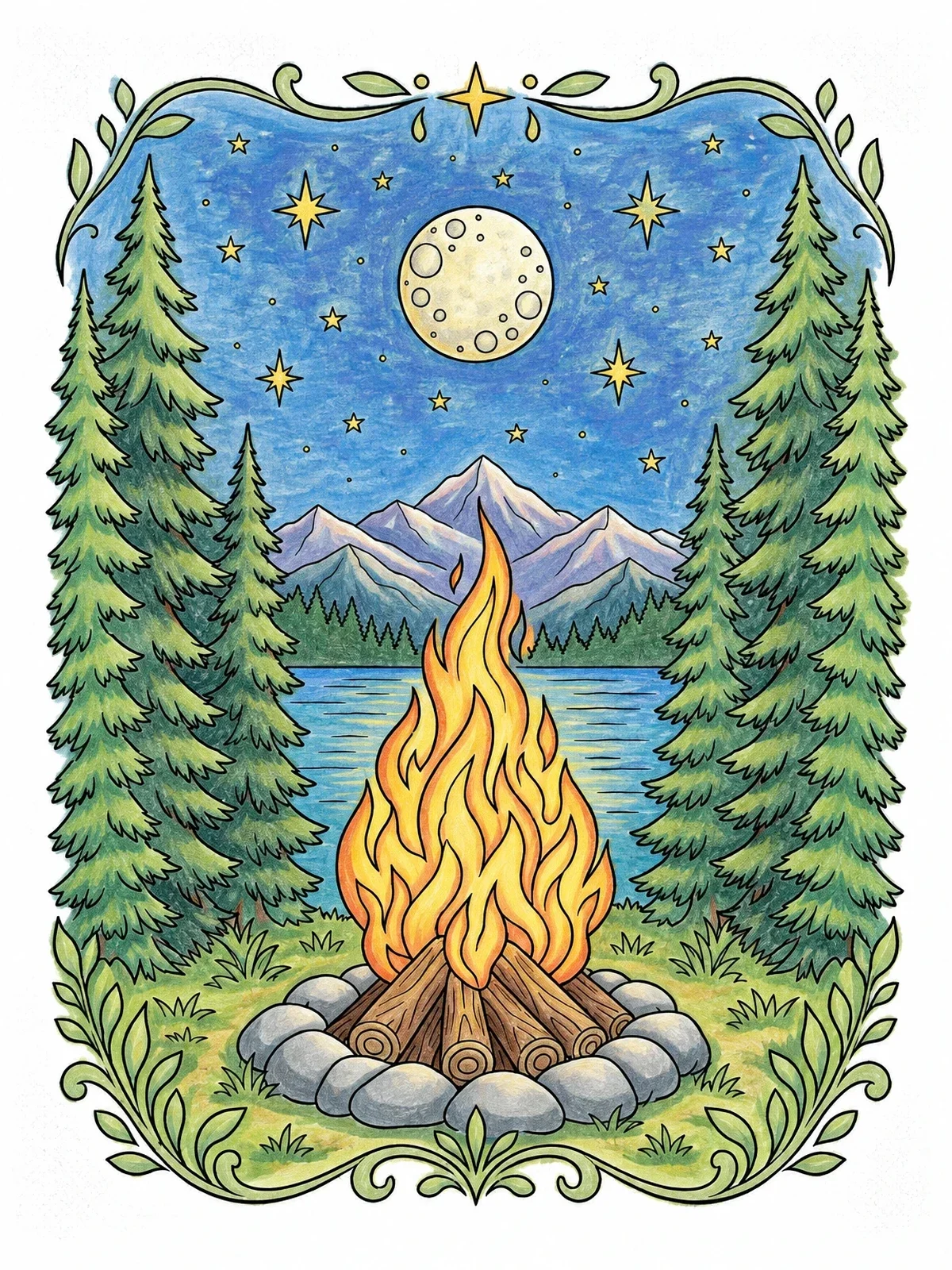 Colored example of the Campfire Under Starry Mountain Sky coloring page